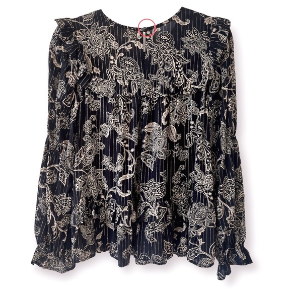 NEW Blouse Boho Tiered Ruffle Hem Swing Long Sleeves Crew Neck Elastic Cuffs - Picture 2 of 16